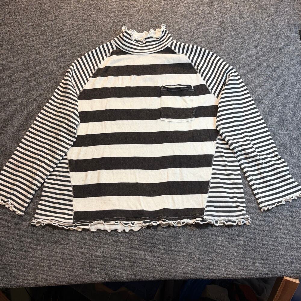 Free People We The Free Black White Striped Mock Neck Long Sleeve Top Large L